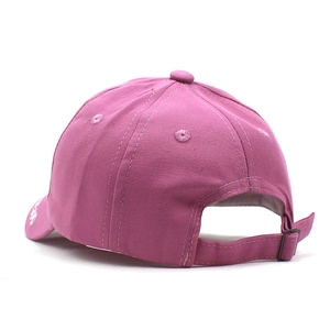 Rear view of rose pink kids baseball cap showing adjustable metal buckle and strap