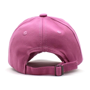 Rear view of a dark pink cotton baby baseball cap with adjustable metal buckle strap