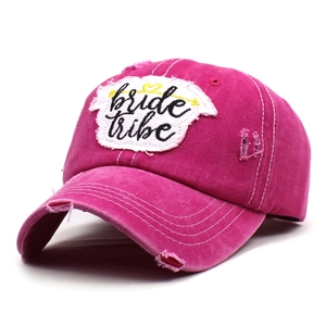 Rose red washed cotton baseball cap with bride tribe embroidery and distressed details