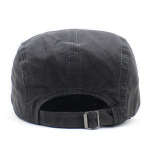 Detail of dark grey beret back view showing adjustable metal buckle and stitching