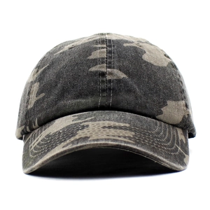 Front view of camouflage cotton baseball cap with vintage washed texture and stitching