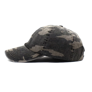 Detail view of the durable canvas camouflage baseball cap with stitching on the side