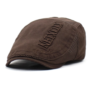 Detail view of brown mesh beret hat with XINXING embroidery and breathable fabric