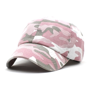Detail of pink camouflage baseball cap featuring cotton twill texture and curved brim