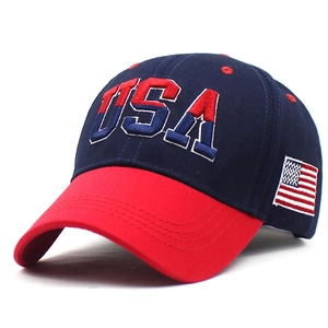 Navy and red two-tone baseball cap with USA 3D embroidery and flag patch detail