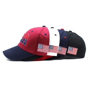Close-up of USA 3D embroidery and flag patch on color-block adjustable baseball caps