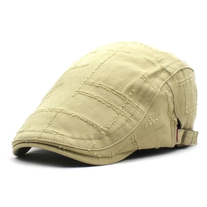 Vintage khaki cotton flat cap for men with retro stitching and metal side buckle