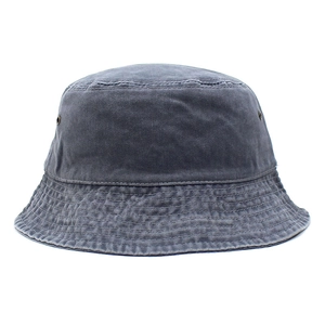 Detail of washed blue cotton bucket hat featuring ventilation eyelets and stitched brim