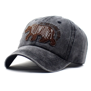 Detail of vintage washed cotton baseball cap with Yellowstone bear embroidery