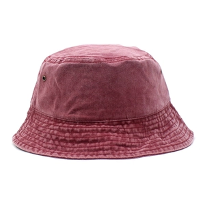 Detail view of burgundy washed cotton bucket hat with parallel stitched brim and metal eyelet