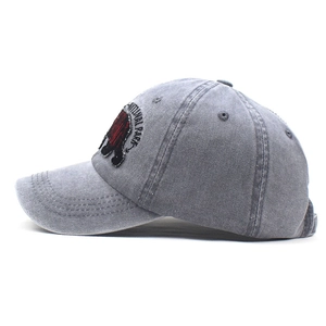 Detail of grey washed denim baseball cap with National Park bear embroidery on side