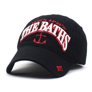 Black cotton baseball cap with embroidered anchor and red geographic coordinates