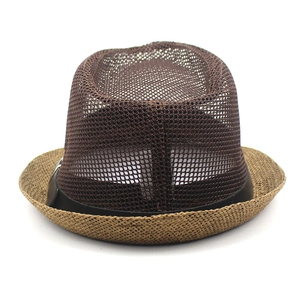 Atmungsaktiver Mesh-Fedora-Hut in Braun und Khaki mit Strohkrempe für den Sonnenschutz