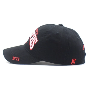 Detail of red BVI embroidery and side patterns on black cotton baseball cap