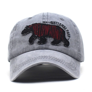 Detailed close-up of dark grey washed cotton baseball cap with Yellowstone embroidery