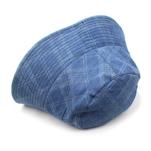 Blue denim checkered bucket hat for sun protection with reinforced stitched brim