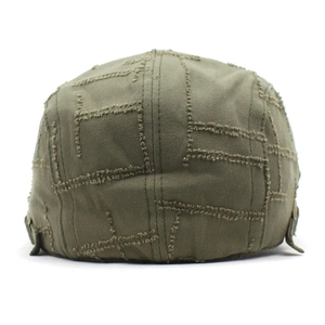 Vintage army green cotton beret hat with distressed stitching and adjustable metal buckle