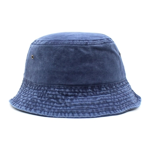 Close-up of navy blue washed cotton bucket hat with metal eyelets and reinforced stitching