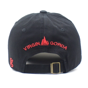 Black cotton baseball cap back view with red Virgin Gorda embroidery and metal buckle