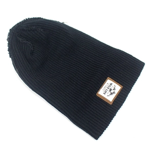Black ribbed knit beanie with mountain wildlife patch for outdoor winter warmth