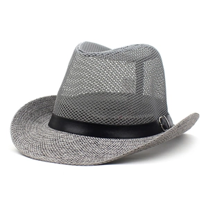 Chapeau de paille gris foncé respirant pour hommes avec bande en cuir et boucle métal