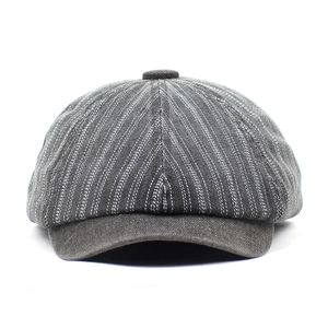 Fashionable gray striped newsboy cap with embroidery and contrast brim for women