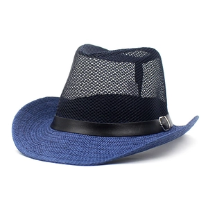 Chapeau Fedora d'Été en Maille Respirante pour Hommes Femmes Chapeau de Soleil Cowboy en Paille de Papier Large Bord Chapeau Jazz de Plage Avec Boucle