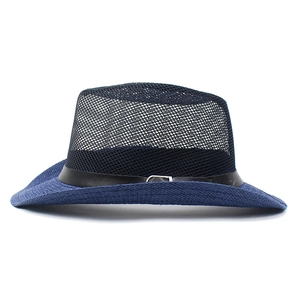 Chapeau de soleil homme en paille et maille bleu marine avec ruban en cuir été