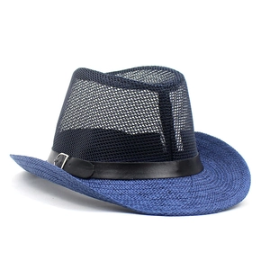 Détails du chapeau de jazz bleu marine en maille respirante avec bande en cuir noir