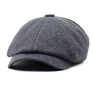 Classic dark grey newsboy cap in textured wool blend with eight-panel crown design