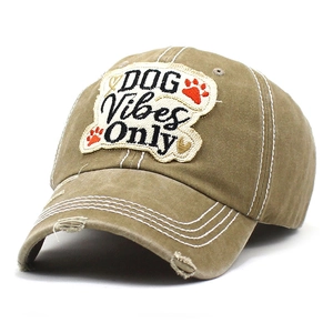 Distressed khaki washed cotton baseball cap with DOG Vibes Only embroidery patch