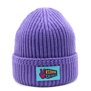Women Knitted Beanie Hat Warm Winter Ribbed Cuff Skull Cap With Rider Car Race Patch Fashion Casual Solid Color Headwear