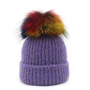 Damen Winter Warm Strickmütze Mit Großem Bunten Kunstpelz Bommel Dicke Rippstrick Manschette Slouchy Beanie Outdoor Fashion Kopfbedeckung