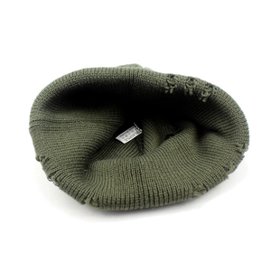 Army green distressed ribbed knit beanie hat in 100% acrylic with a rolled cuff design
