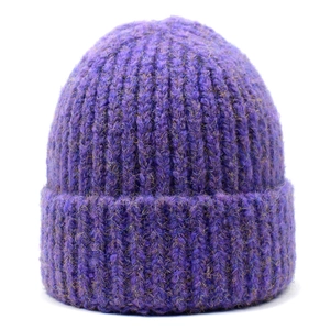 Lila Damen-Strickmütze mit Rippenmuster und Rollsaum für den Herbst und Winter