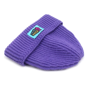 Deep purple knit beanie with ribbed texture and Rider Car Race patch for winter warmth