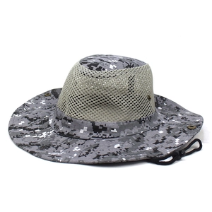 Detail of outdoor camo sun hat with breathable mesh and adjustable black wind cord