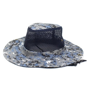 Detail of blue digital camouflage sun hat featuring breathable mesh and chin strap