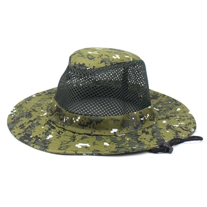 Macro shot of breathable mesh and digital camouflage fabric on a wide-brim sun hat