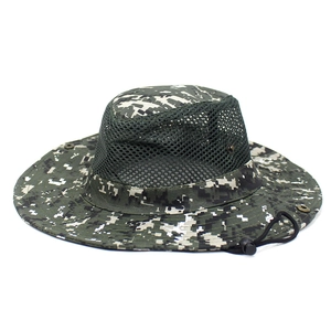 Detail of camouflage sun hat featuring breathable mesh top and adjustable chin strap