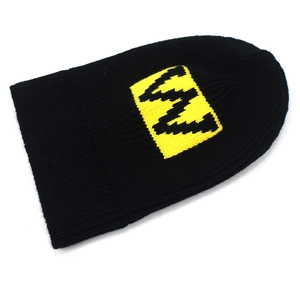 Black knit beanie with yellow 'W' patch and large real raccoon fur pom pom for winter