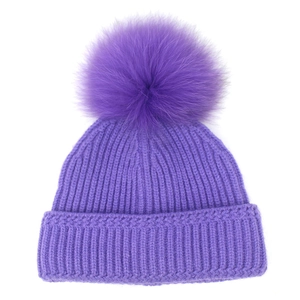 Gorro de punto morado para mujer con un gran pompón de piel de zorro para el frío invierno