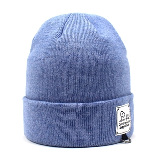 Women's light blue knit beanie hat with sheep cashmere texture and metal D-ring detail