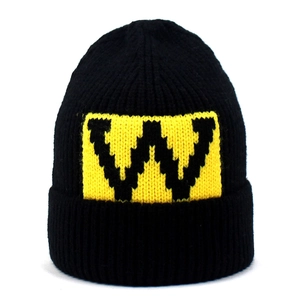 Trendy Women Winter Warm Knitted Beanie Hat With Pixelated W Letter Patch Ribbed Knit Cuffed Beanie Soft Wool Skull Cap