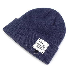 Women's warm dark blue sheep cashmere knit beanie with white woven label and metal D-ring