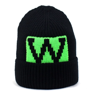 Fashionable black ribbed knit beanie for women with a neon green W letter patch accent