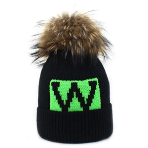 Women Winter Knitted Beanie Hat With Real Raccoon Fur Pom Pom Letter W Pattern Warm Slouchy Cuff Cap For Cold Weather