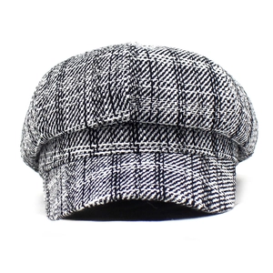 Vintage black and white plaid newsboy cap for women in classic autumn tweed fabric