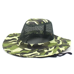 Detail of jungle camo boonie hat featuring breathable black mesh top and windproof chin cord