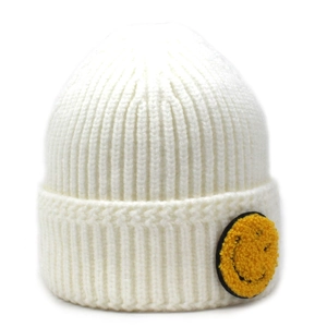 Bonnet blanc en tricot côtelé pour femme avec écusson smiley jaune pour l'hiver
